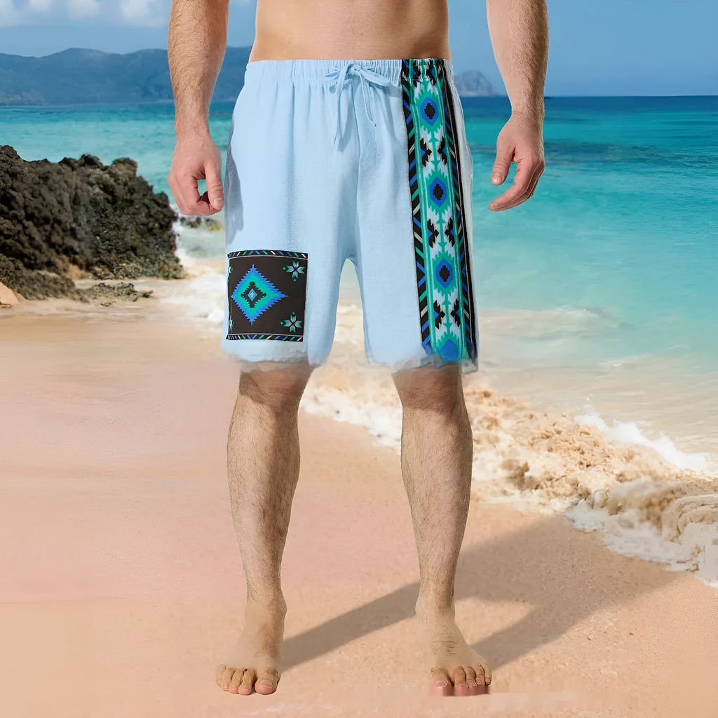 Men's blue colour block digital print casual shorts with loose fit and drawstring waist.