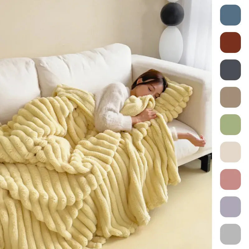 Soft Wind double-sided thickening bubble velvet blanket in rabbit hair caramel colour showing plush texture
