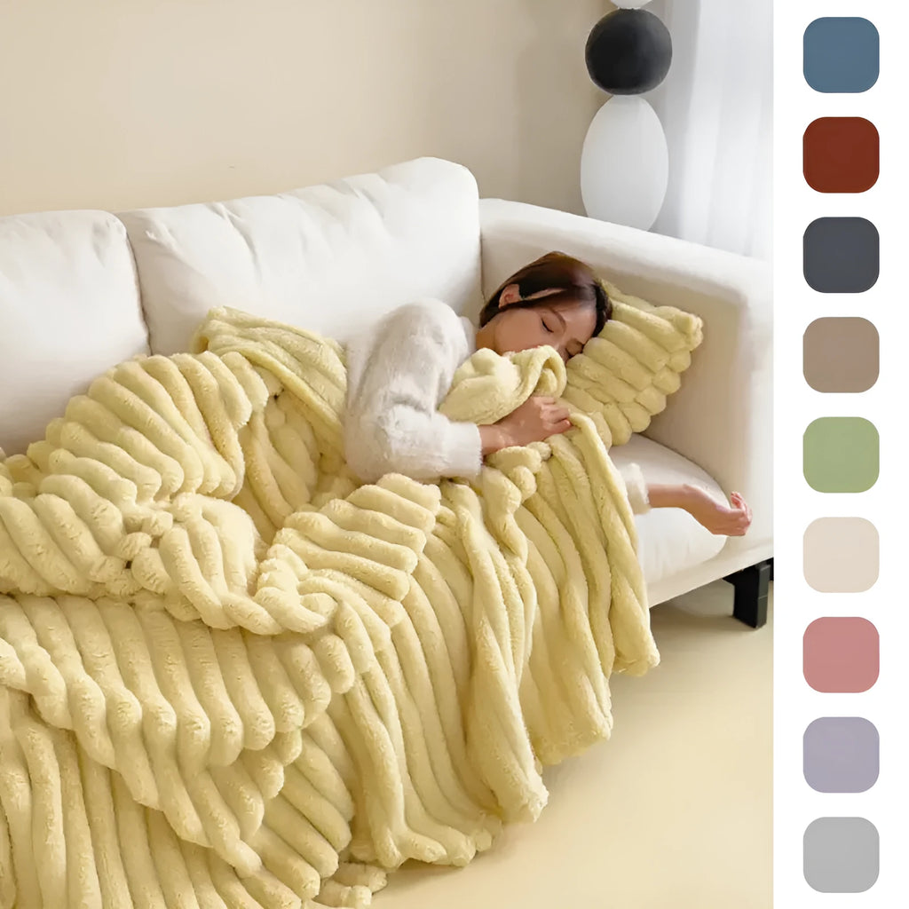 Solid colour double-sided thickening bubble faux rabbit fur velvet blanket draped over a sofa.
