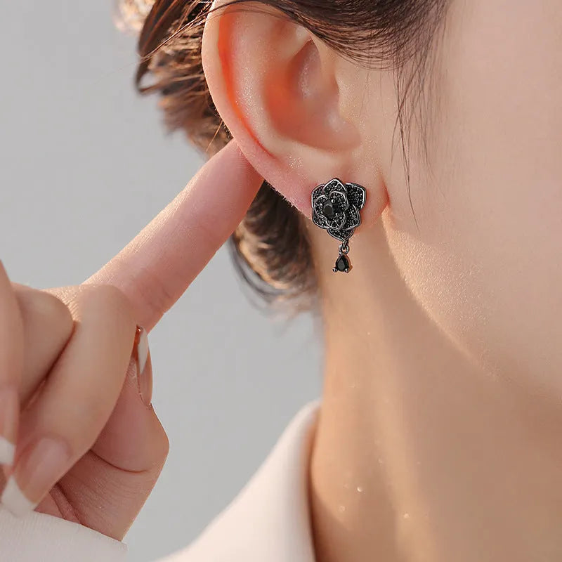 Black rose zircon stud earrings with floral design and 18K gold-plated finish