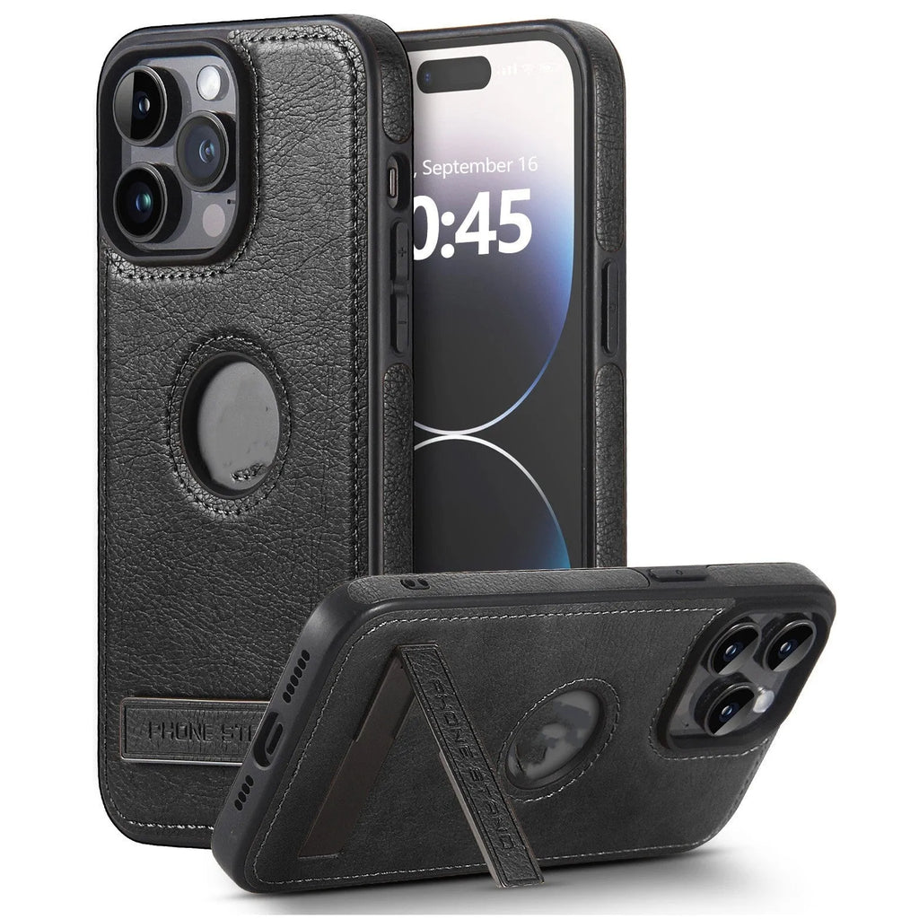 Imitation leather bracket phone case for iPhone 12-15 in black, camel, or dark blue, with built-in stand.