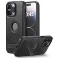 Imitation leather bracket phone case for iPhone 12-15 in black, camel, or dark blue, with built-in stand.