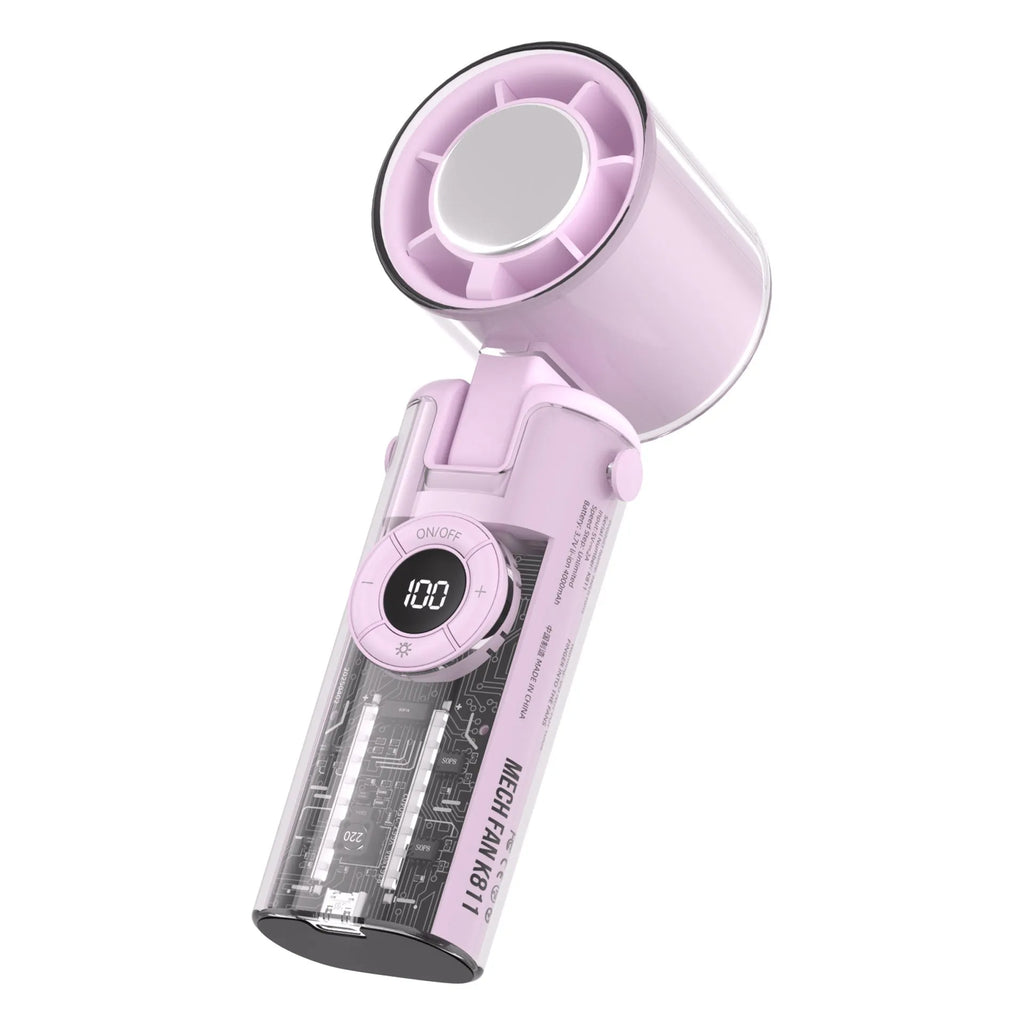 Black handheld personal cooling fan with LED light and neck lanyard strap on white background.