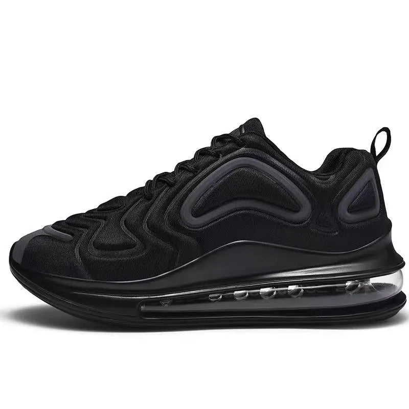 Men's black casual sneakers with a thick sole and lace-up front on a white background.