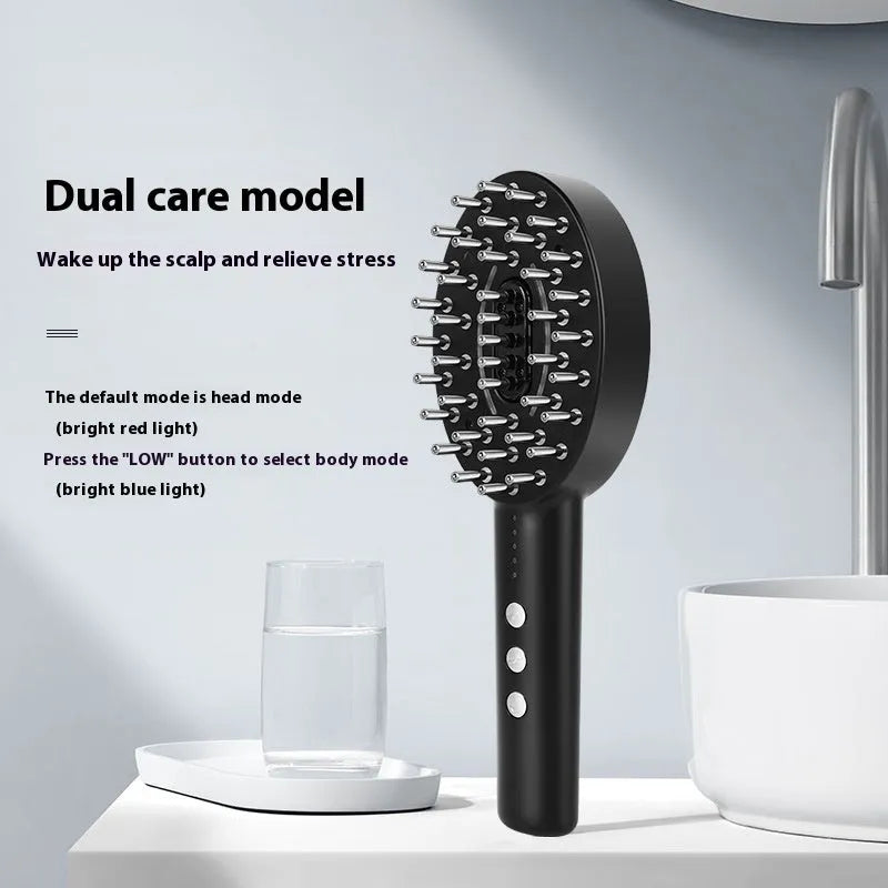 Black handheld scalp massage device with silicone nodes, showing ergonomic grip and control buttons