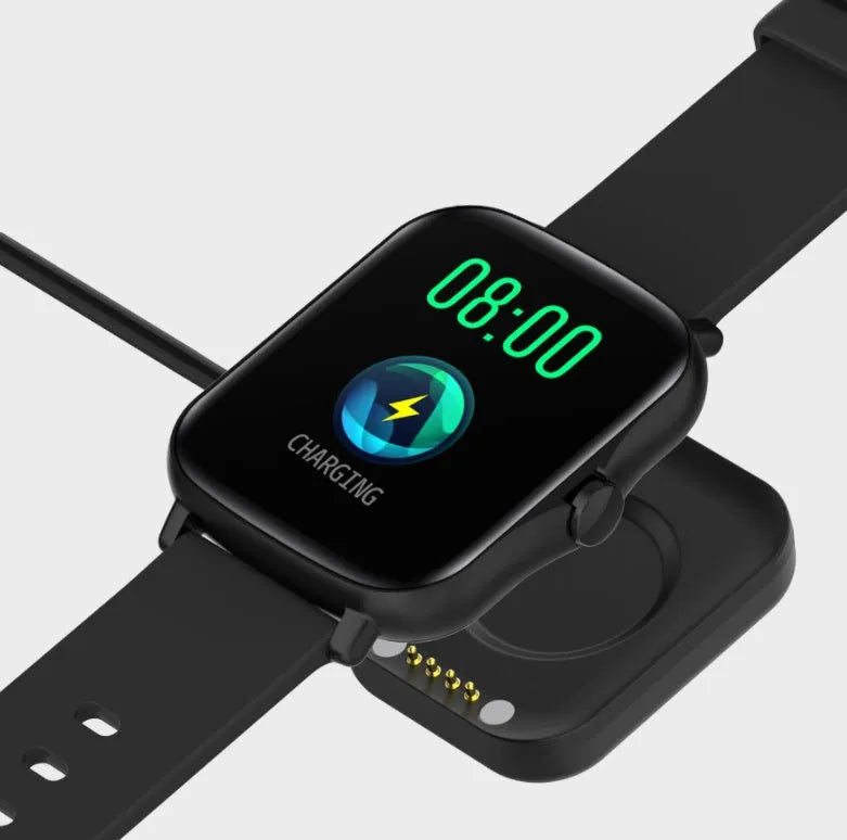 Smart watch with 1.7-inch blue touch screen on adjustable strap, showing heart rate and time display