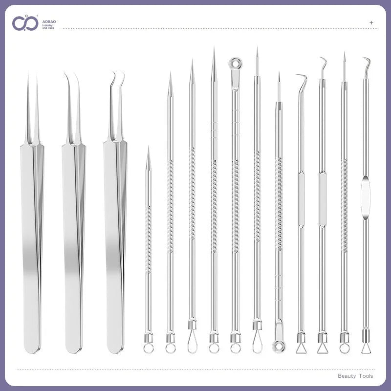 Four metal acne needles with different pointed and looped tips for blackhead removal.