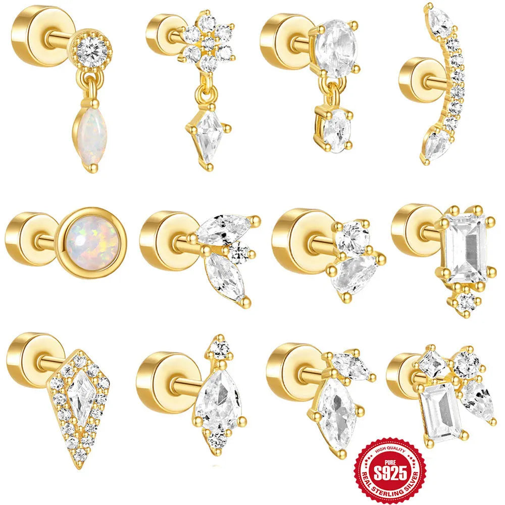 S925 sterling silver flat column ear bone stud with threaded post in gold electroplated finish