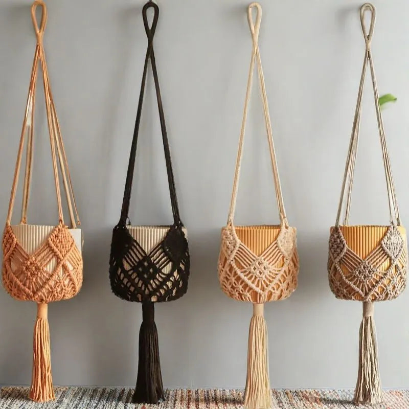 Hand-woven polyester cotton flower pot in brown with net pocket extension cord, approximately 30cm diameter.
