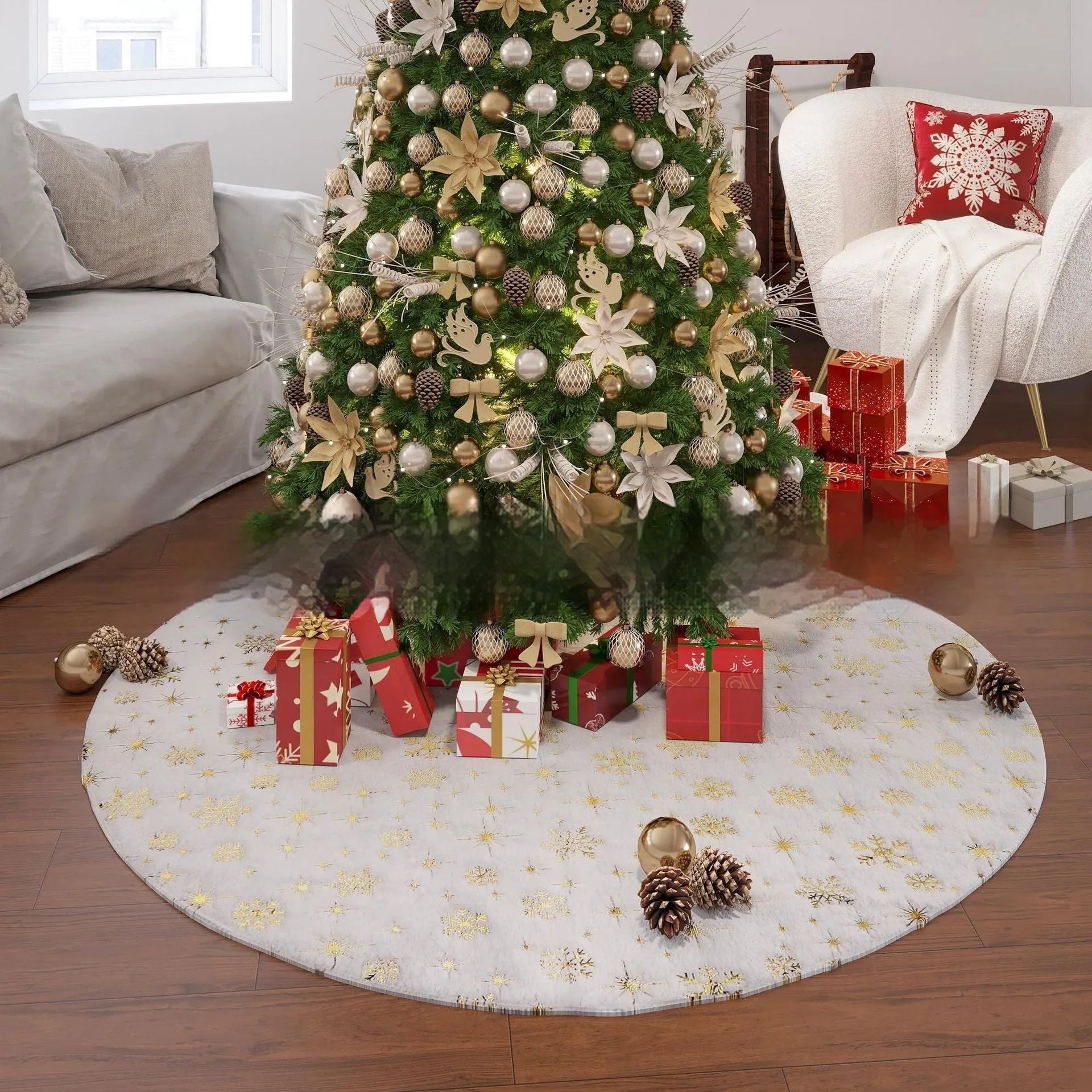 Gilding Snowflake XINGX plush Christmas mat showing festive designs in available sizes from 78cm to 150cm