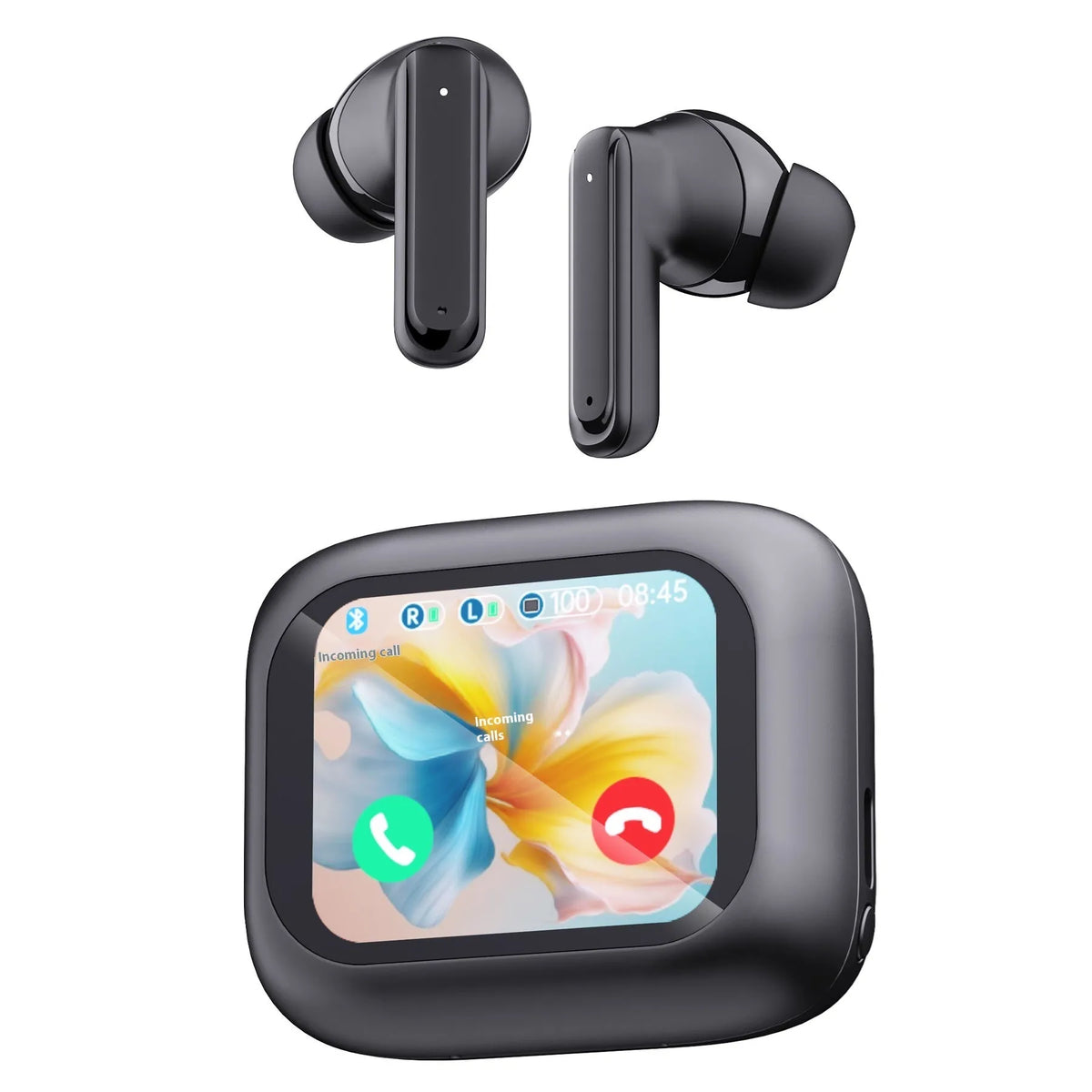 Wireless Bluetooth in-ear headset with noise reduction, touch control and colour screen, black and white plastic design