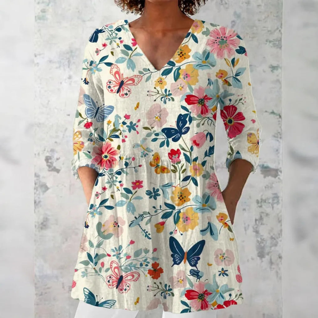 Women's retro slim fit long-sleeved top with digital printing, available in multiple colours and sizes S to 5XL