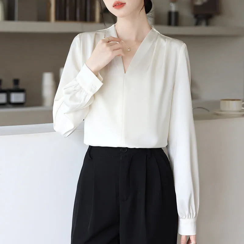 Women's blue slim fit long sleeve shirt with 3D stitching detail on mixed colour satin fabric