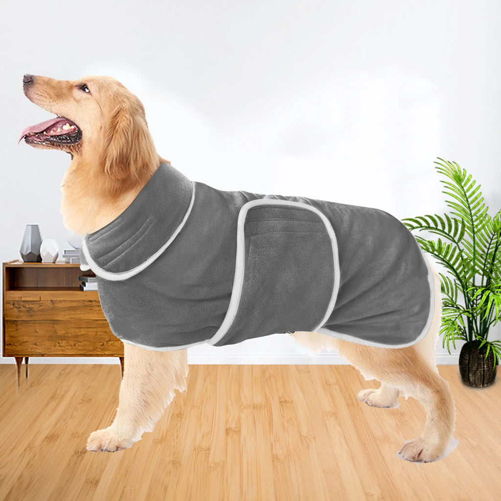 Super absorbent dog bathrobe and towel in seven sizes for small to large breed dogs.