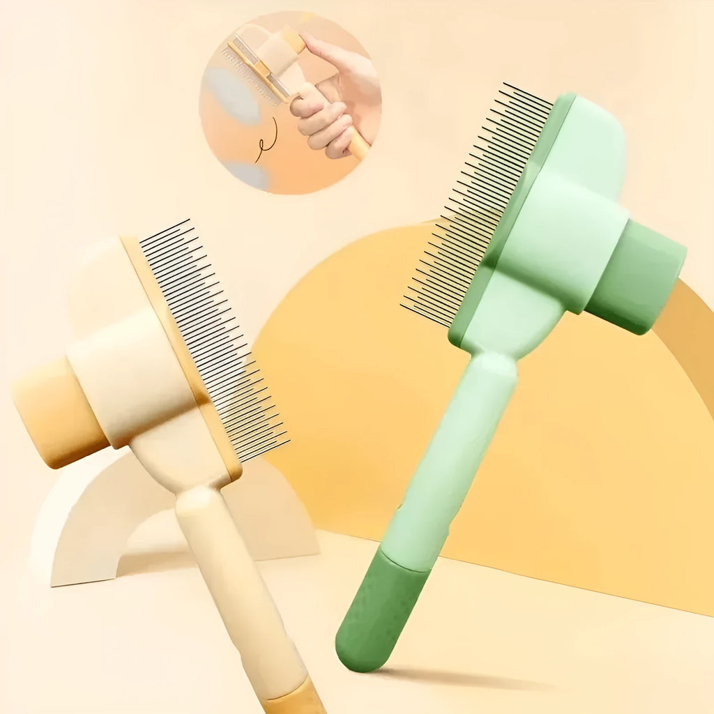 Green and yellow pet grooming brush with one-click hair removal system for dogs