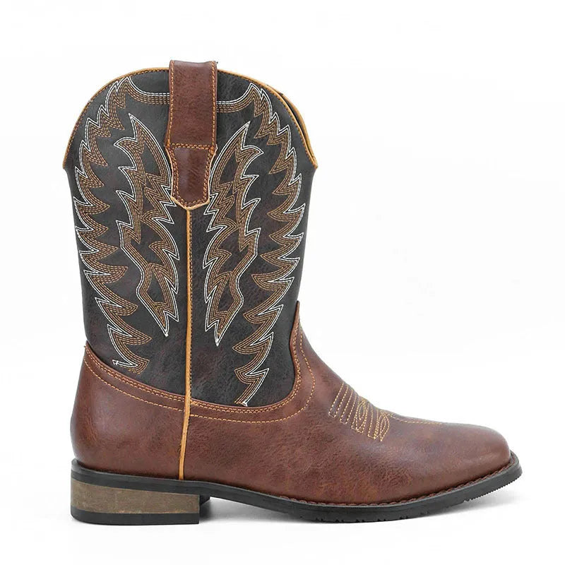 Men's black square toe motorcycle boots with a wedge heel and mid-calf design.