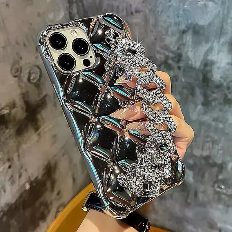 Luxury diamond bracelet phone case in plated rhombus design for iPhone, with TPU material and flash diamond lock