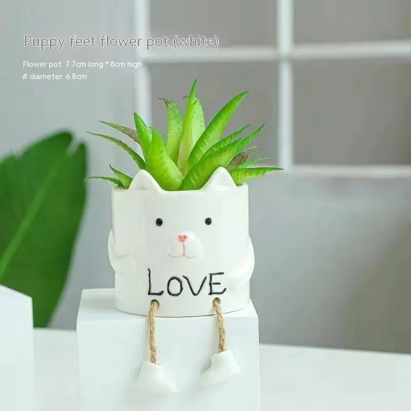 Ceramic hanging foot flowerpot with cartoon design for succulent plants on desktop