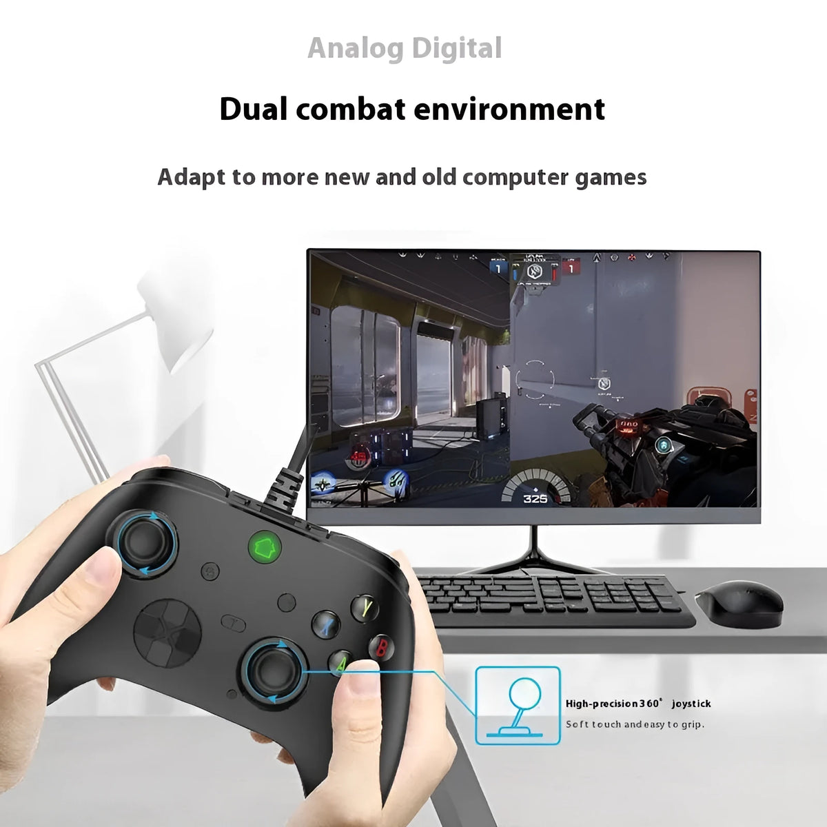 Six-in-one wired game controller for PC and PS in black or white with USB interface and macro programming