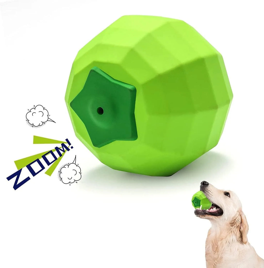 Green natural rubber dog ball with squeaker for aggressive chewers, measures 90x86x80mm
