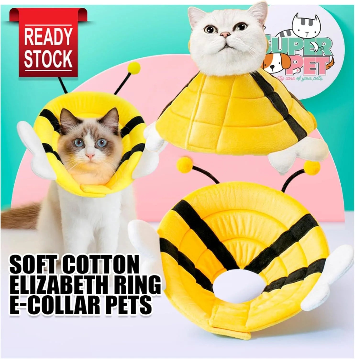 Soft white cat cone collar with black and yellow bee design, showing Velcro closure and approximate 20cm diameter