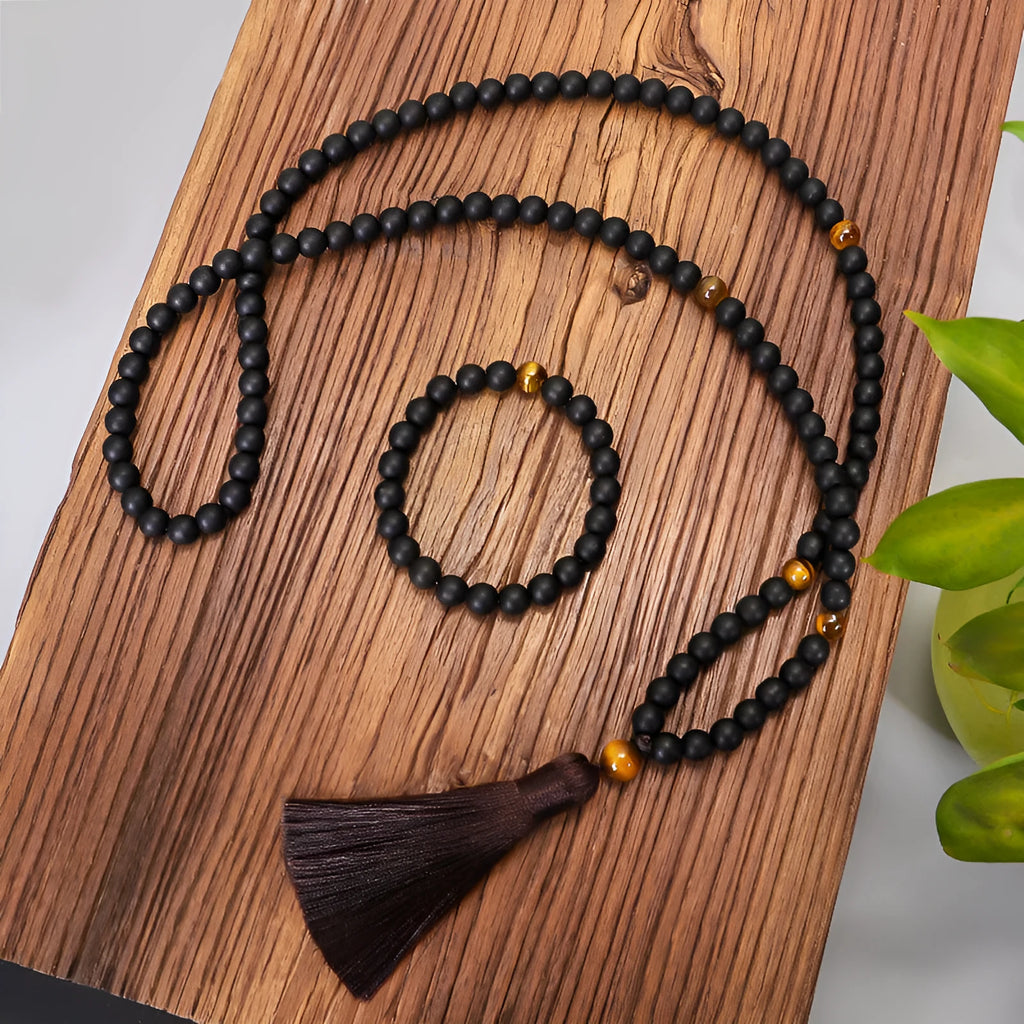 Tigereye stone beaded necklace and bracelet set with tassel pendant on adjustable cord