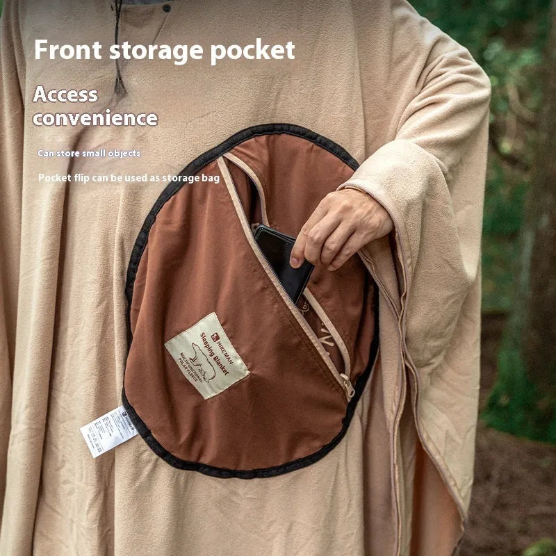 Multi-purpose cloak sleeping bag in polar fleece, wearable cape design, Army Green and Milk Coffee colours, 210 x 160cm full size.