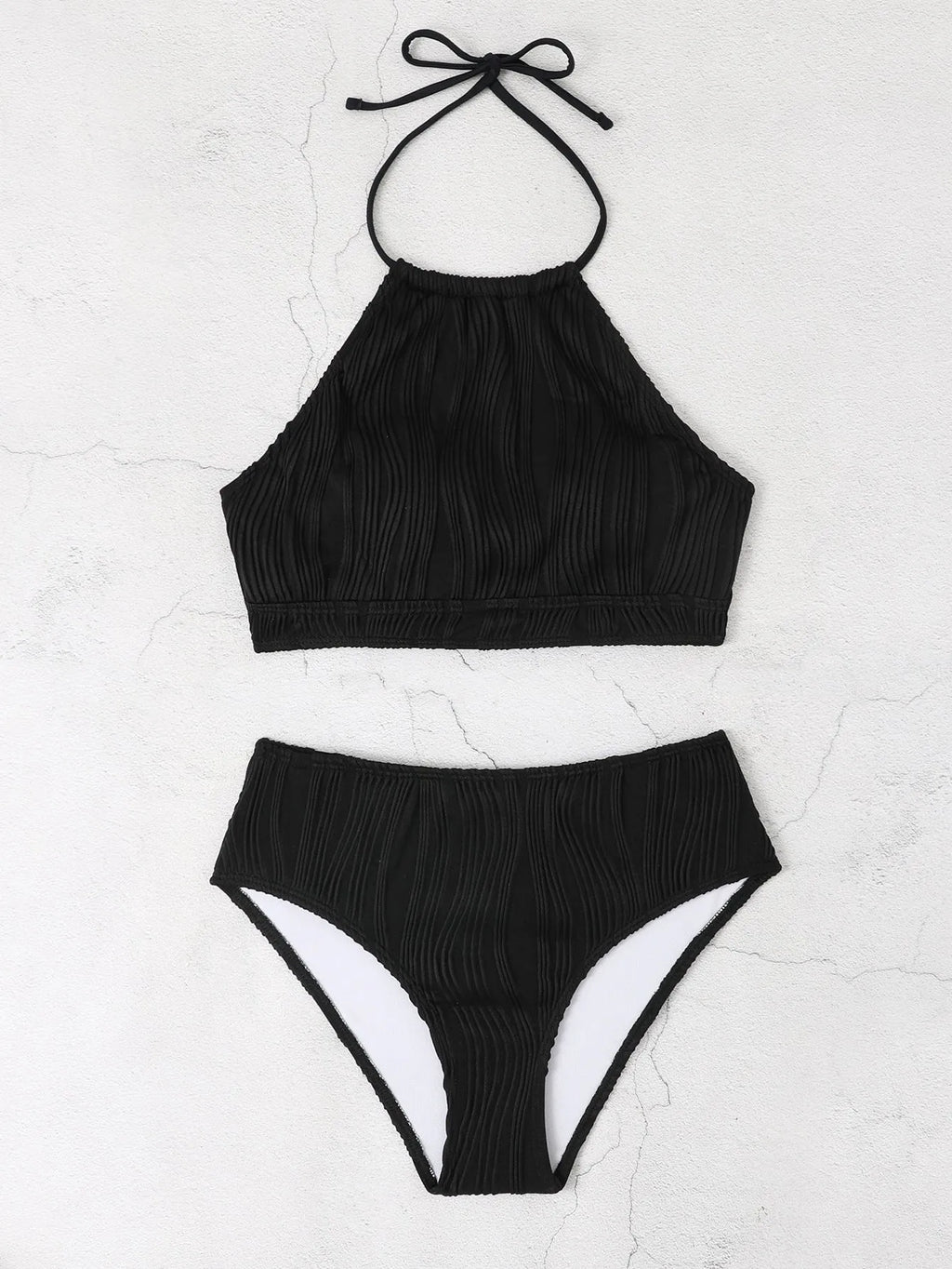 Women's conservative high-waist apron style swimwear set in polyester fabric