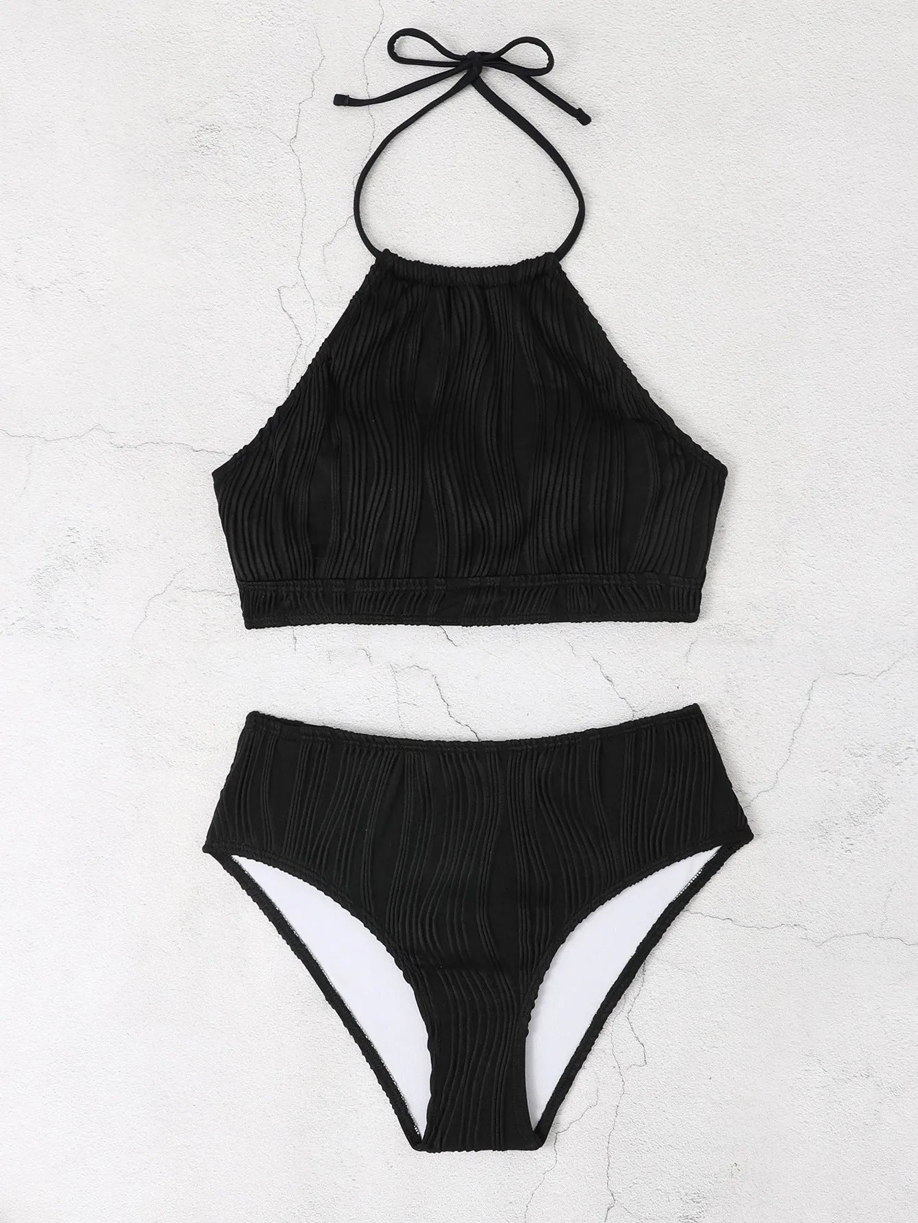 Women's conservative high-waist apron style swimwear set in polyester fabric