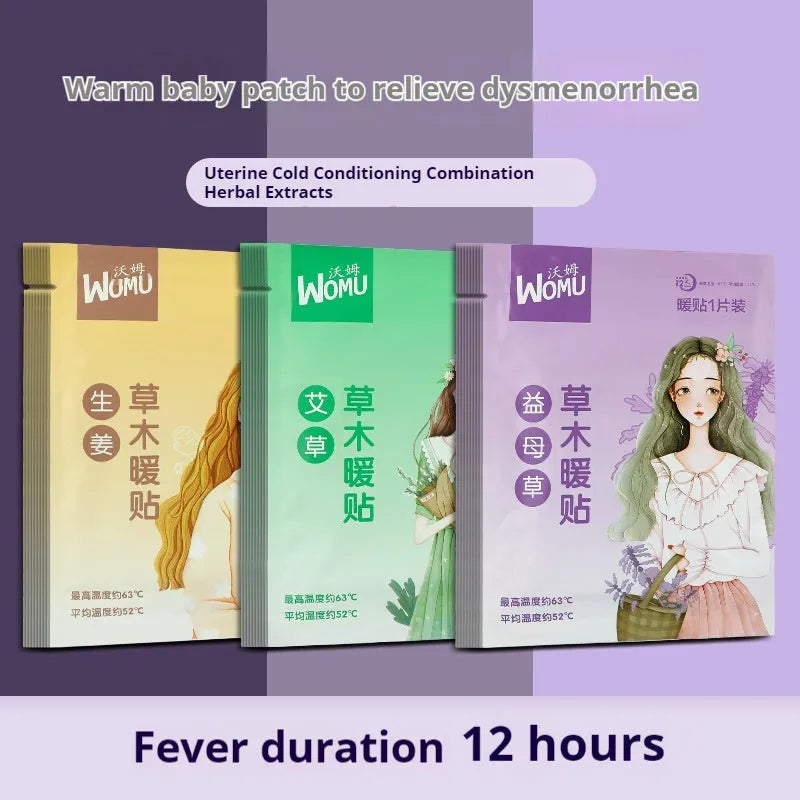 Self-heating uterus warming plaster showing four colour variants: argy wormwood, ginger, motherwort, and sea salt warm pastes
