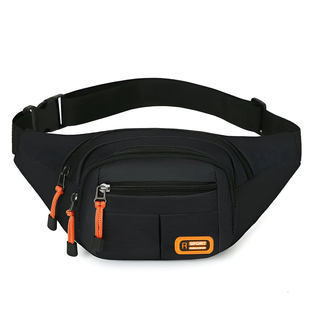 Large capacity waterproof slanted chest bag in nylon, shown in black, grey, blue, and green colour options.