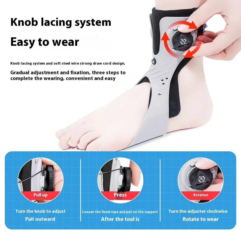 Grey ankle support brace with adjustable airbag button, shown on left foot