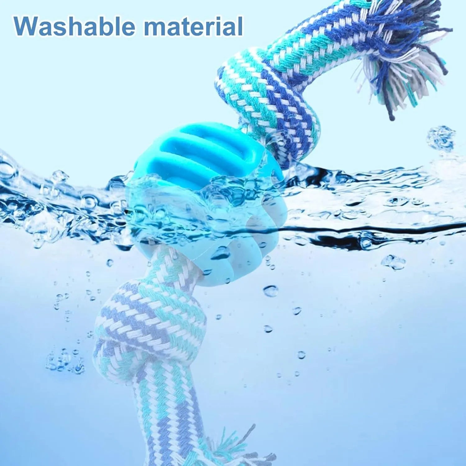 Blue dog chew toy with ropes and textured surfaces for dental cleaning