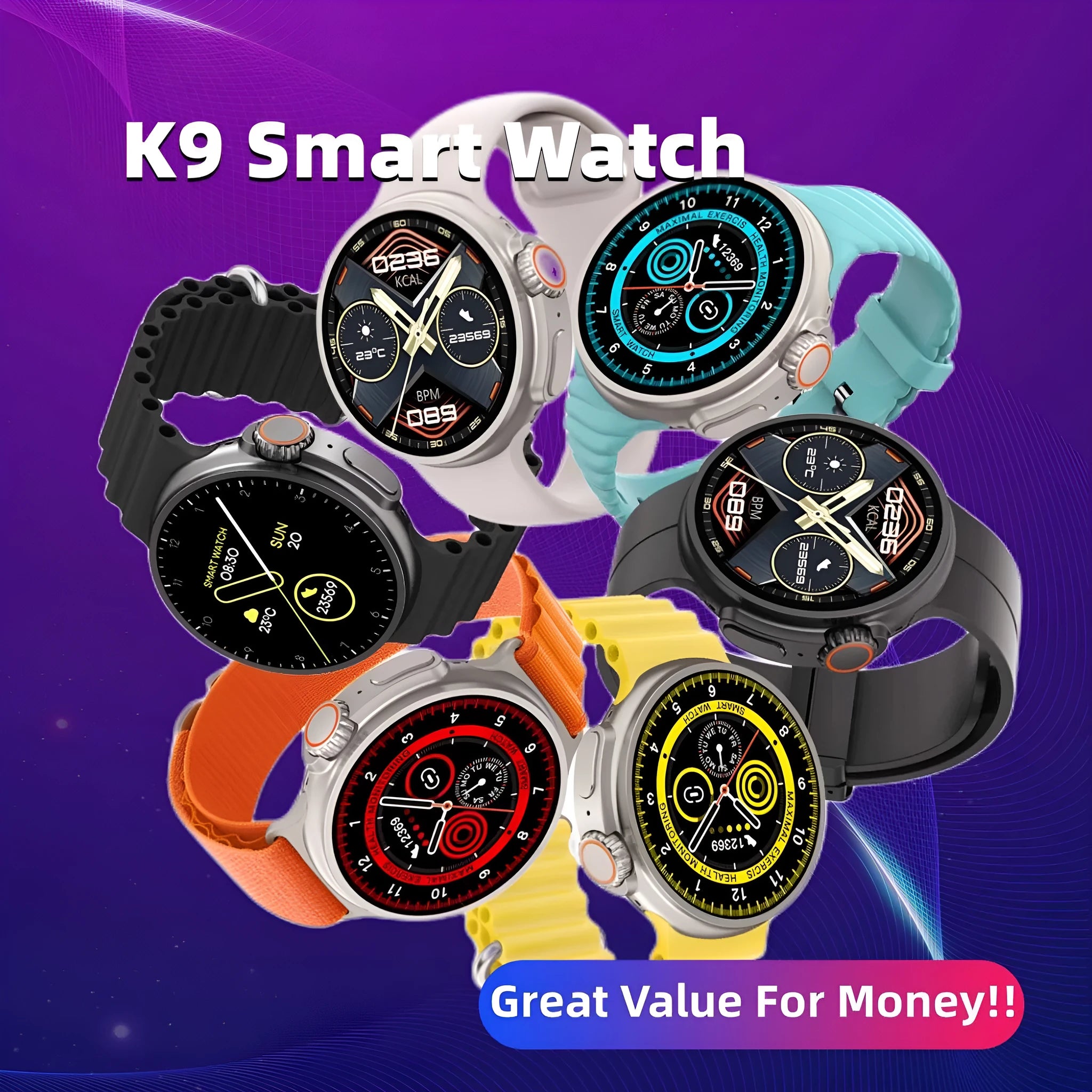 K9 smart watch with black silicone strap and round screen showing fitness stats.