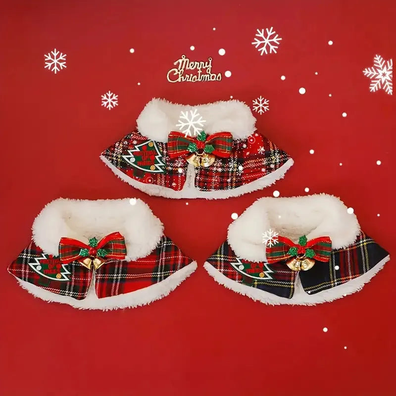 Polyester pet scarf with festive snowflake and bell designs in multiple sizes for winter and holiday use.