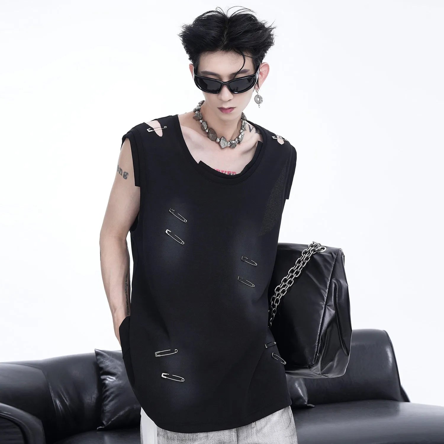 Men's black sleeveless vest with ripped irregular cutting and round neck, made from cotton-polyester-spandex blend