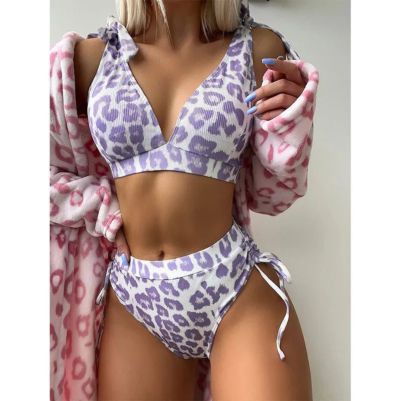 Women's purple leopard print swimsuit with lace-up chest detail and high-waist shorts