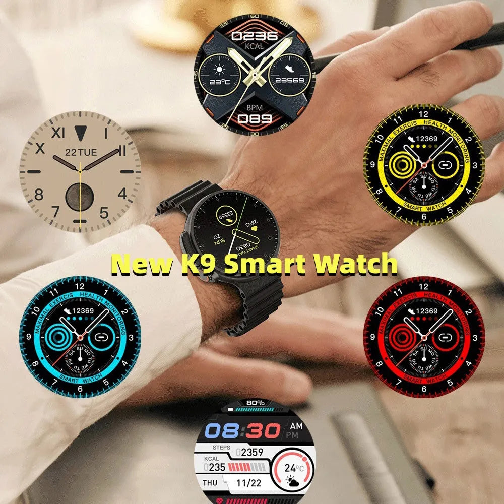 K9 smart watch with black silicone strap and round screen showing fitness stats.