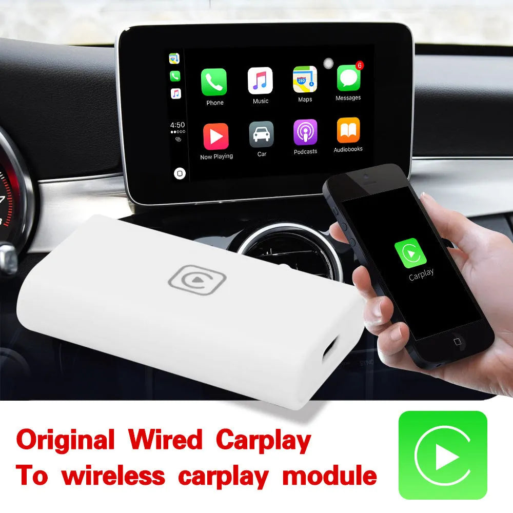 White wireless CarPlay box module, ABS, 120x90x35mm, USB powered, WiFi projection for in-car use