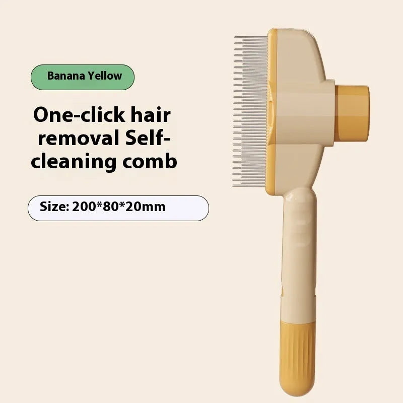 Green and yellow pet comb with stainless steel teeth and a self-cleaning release button.