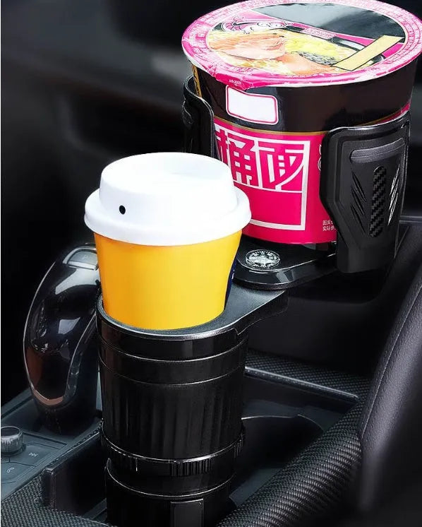 Black adjustable car cup holder with retractable base showing 6.5-10cm diameter range