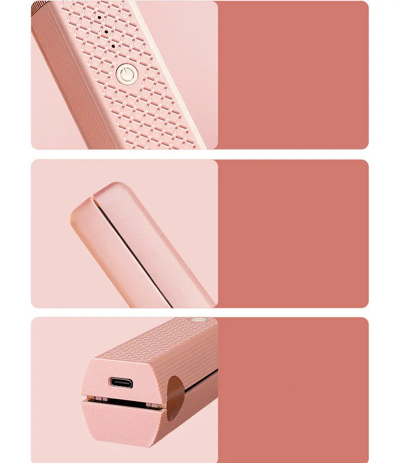 Pink and green cordless USB hair straightener with ceramic plates, shown with USB cable.