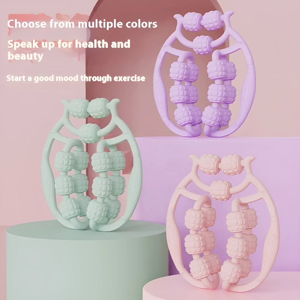 Handheld ring clip leg massage roller in choice of colours with double-row wheels.