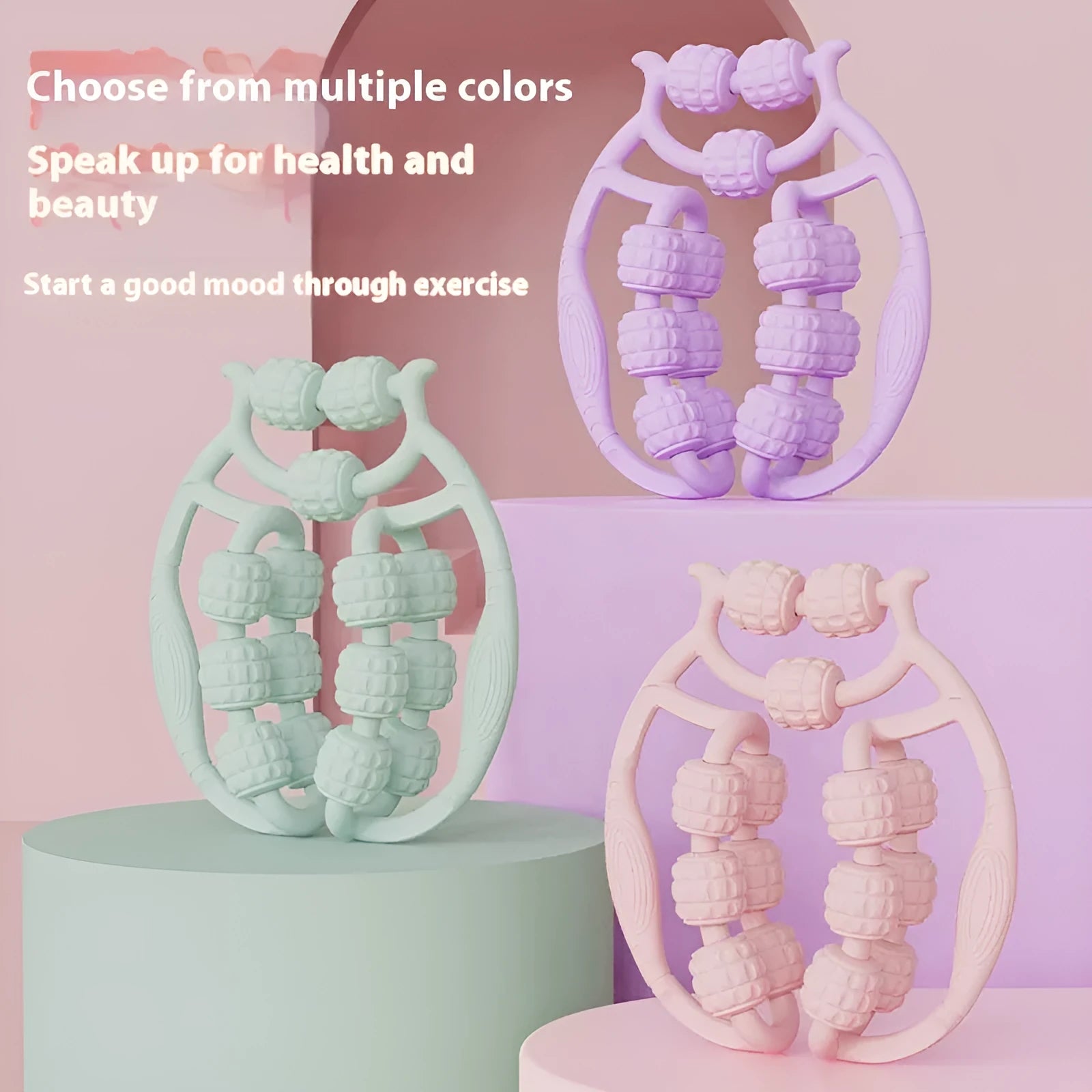 Handheld ring clip leg massage roller in choice of colours with double-row wheels.