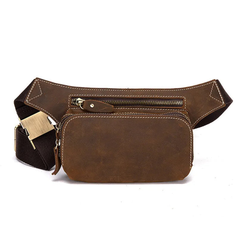 Brown top layer cowhide men's sports waist bag with pull closure and internal phone compartment