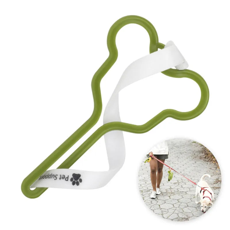 Pet poop bag holder with hands-free clip and adjustable Velcro strap, holding multiple bags for dog walking