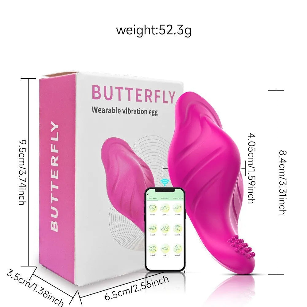 Rose red silicone wearable female massager with butterfly design and USB charging cable