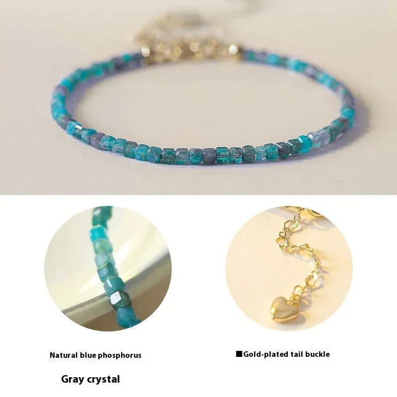 Blue and grey natural apatite crystal bracelet with diamond-shaped beads for women's wrists 14-18cm