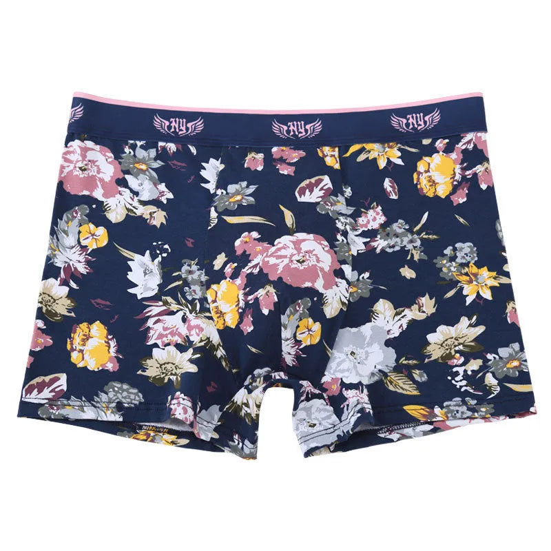 Men's cotton boxer briefs in a floral pattern showing the U-shaped design and mid waist.