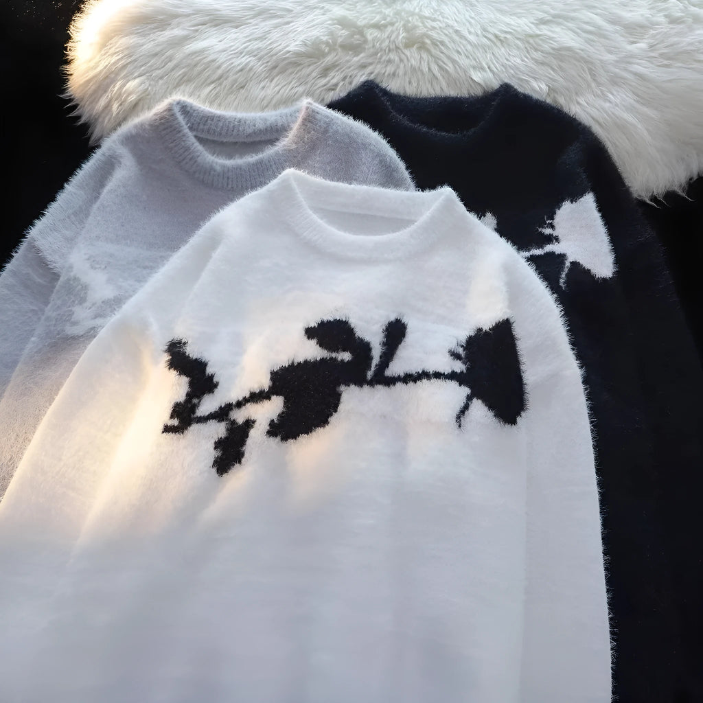 Men's grey pullover sweater with a large American Dark Rose flocking horse graphic print on the front.